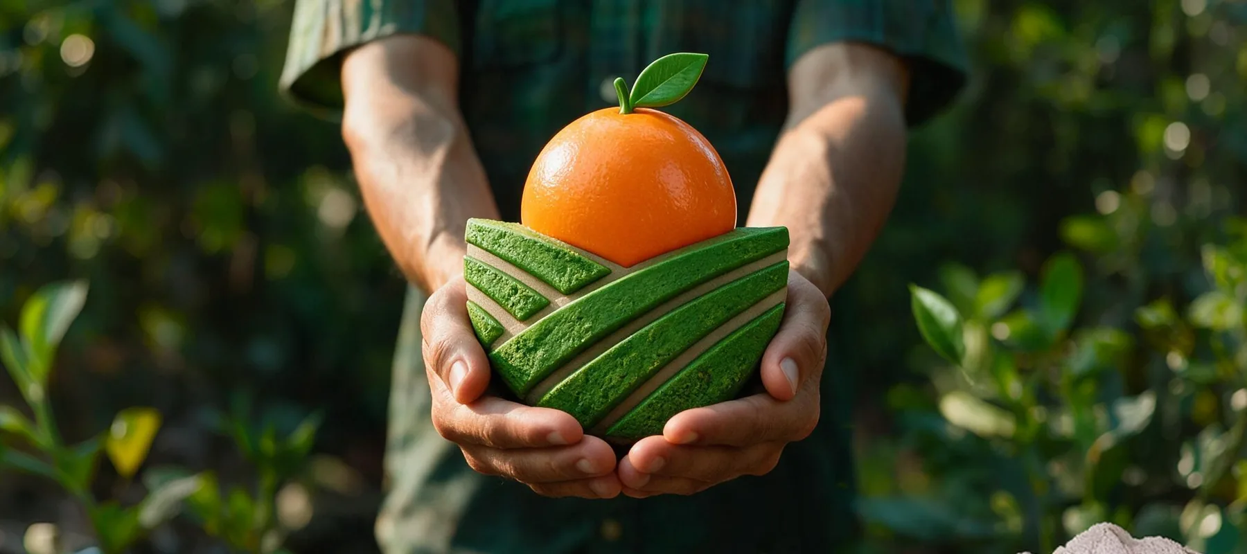 Mãos apresentando uma laranja sobre um modelo de terra cultivada, em um pomar