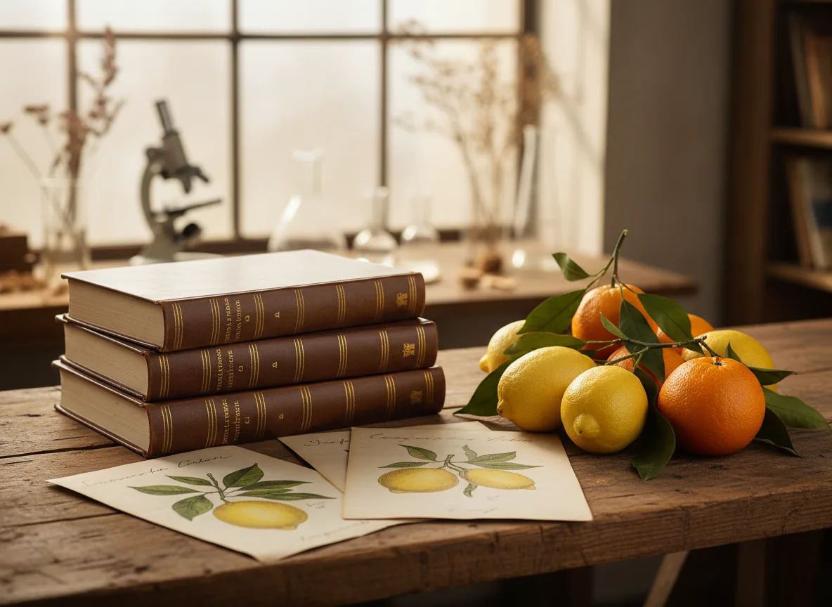 Livros, citros e ilustrações botânicas sobre mesa de madeira em ambiente de estudo