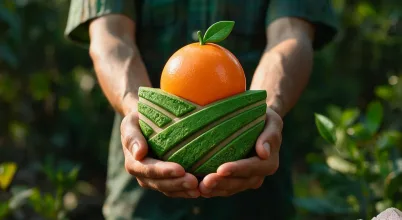 Mãos apresentando uma laranja sobre um modelo de terra cultivada
