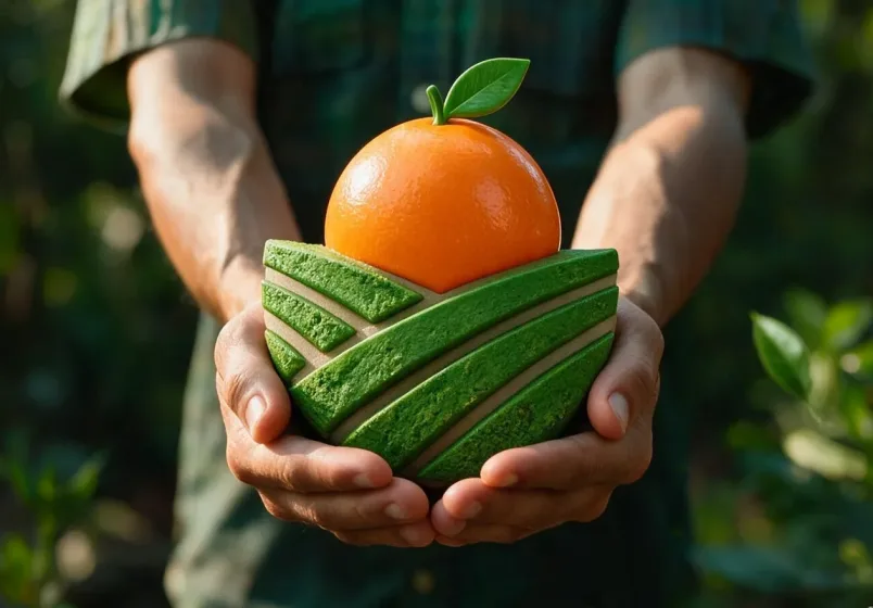Mãos apresentando uma laranja sobre um modelo de terra cultivada