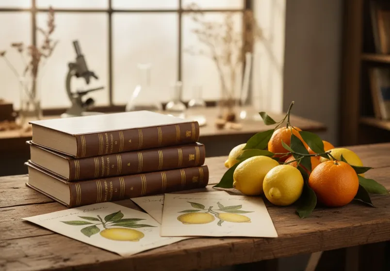 Livros, citros e ilustrações botânicas sobre mesa de madeira